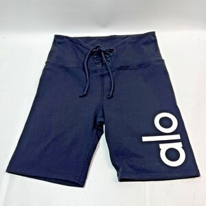 ALO Yoga Biker Shorts Womens  Black Lace-up White Logo Gym Athleisure Size S